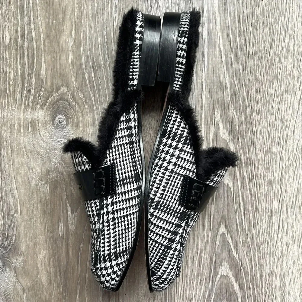J.Crew Academy Loafer Mule with Faux Fur Lining Black/ Ivory Plaid Fabric